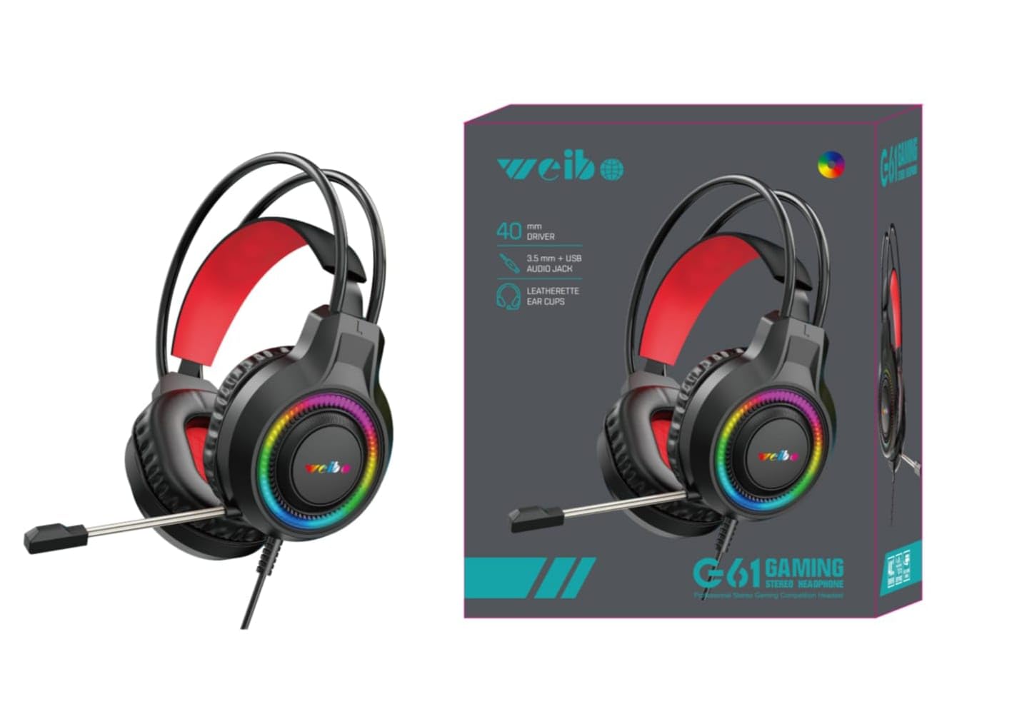G61 Gaming Headset, 40mm Driver, RGB LED Lighting, Leatherette Ear